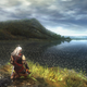 Geralt meditates before a giant lake.